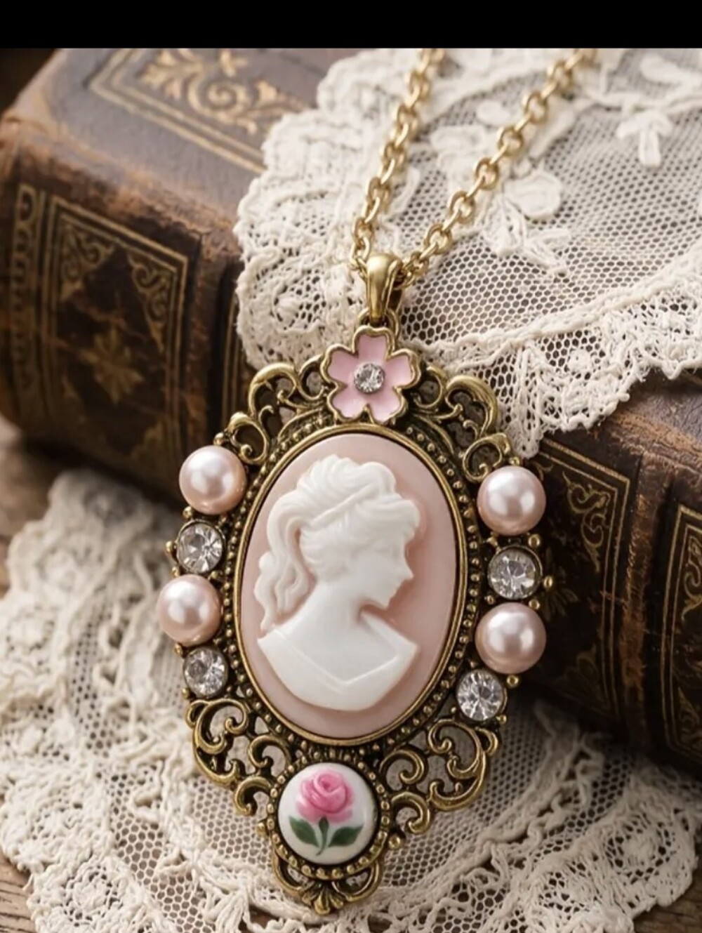 Victorian Retro Pink Portrait Necklace